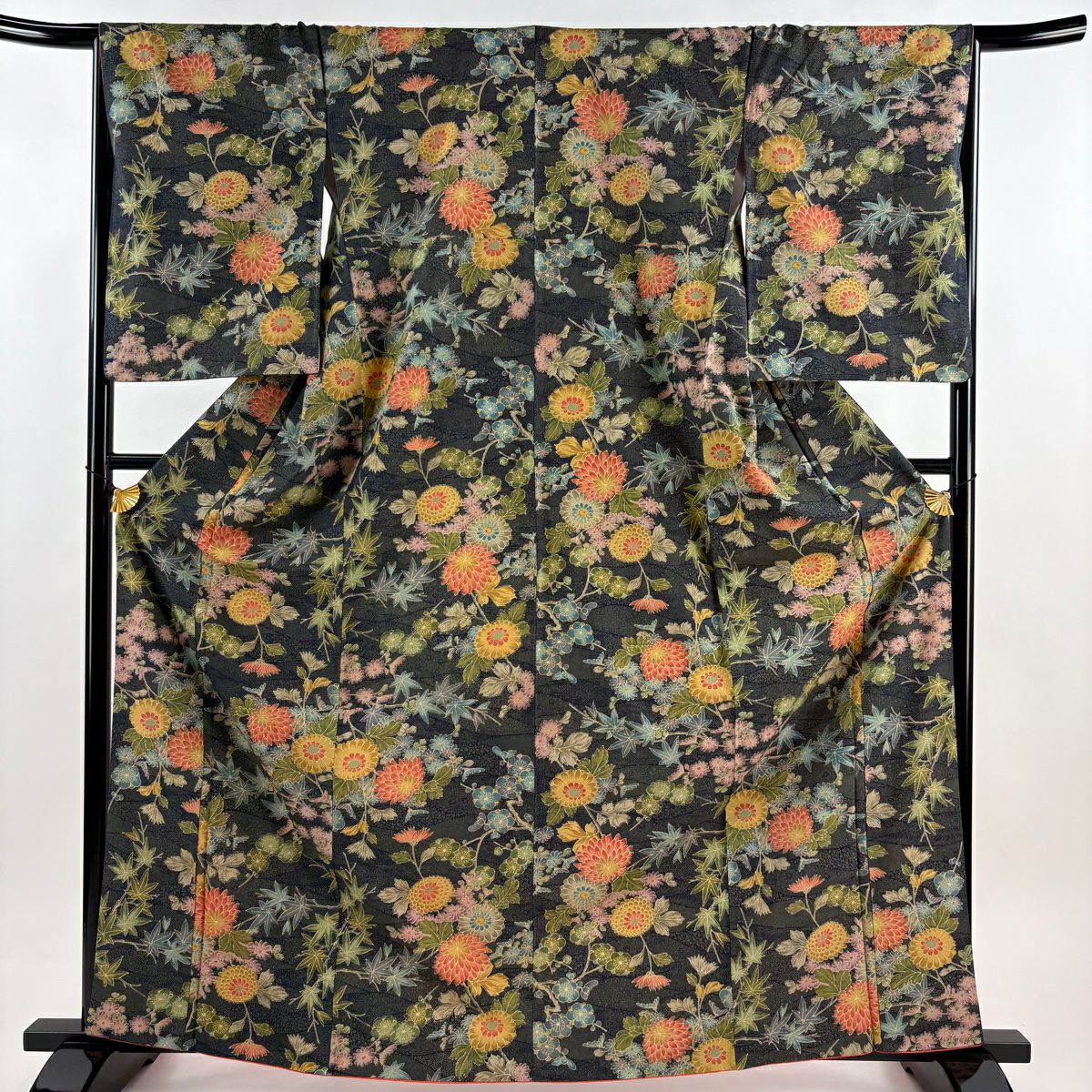 【美品】 小紋 身長164cm 袖長65.5cm M 雙層 菊花 楓 墨 純蠶絲 優品級