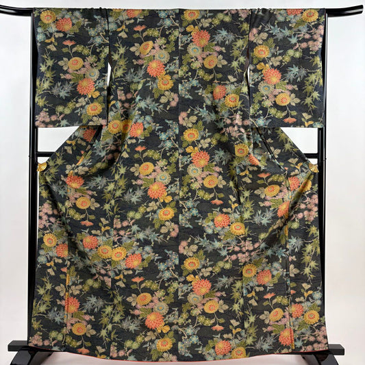 【美品】 小紋 身長164cm 袖長65.5cm M 雙層 菊花 楓 墨 純蠶絲 優品級