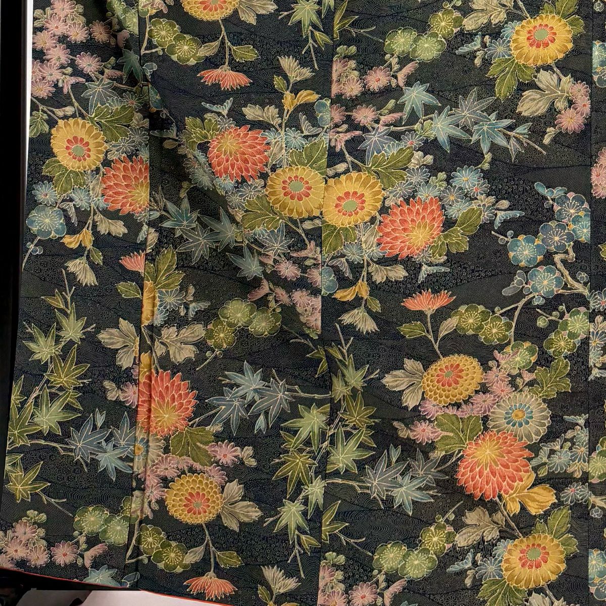 【美品】 小紋 身長164cm 袖長65.5cm M 雙層 菊花 楓 墨 純蠶絲 優品級