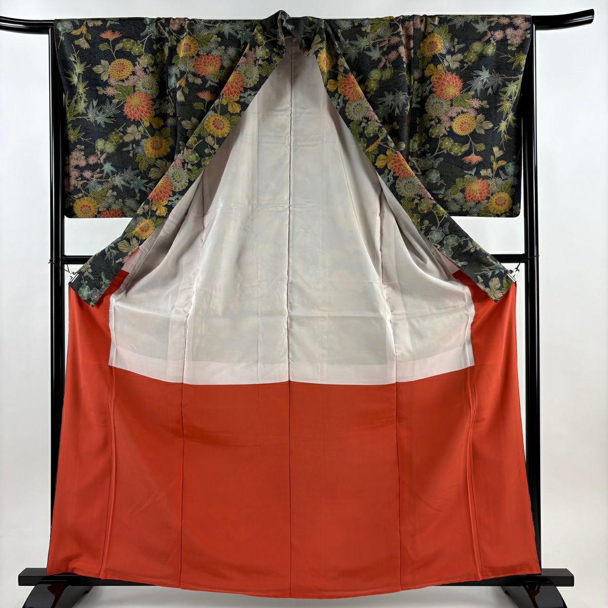 【美品】 小紋 身長164cm 袖長65.5cm M 雙層 菊花 楓 墨 純蠶絲 優品級