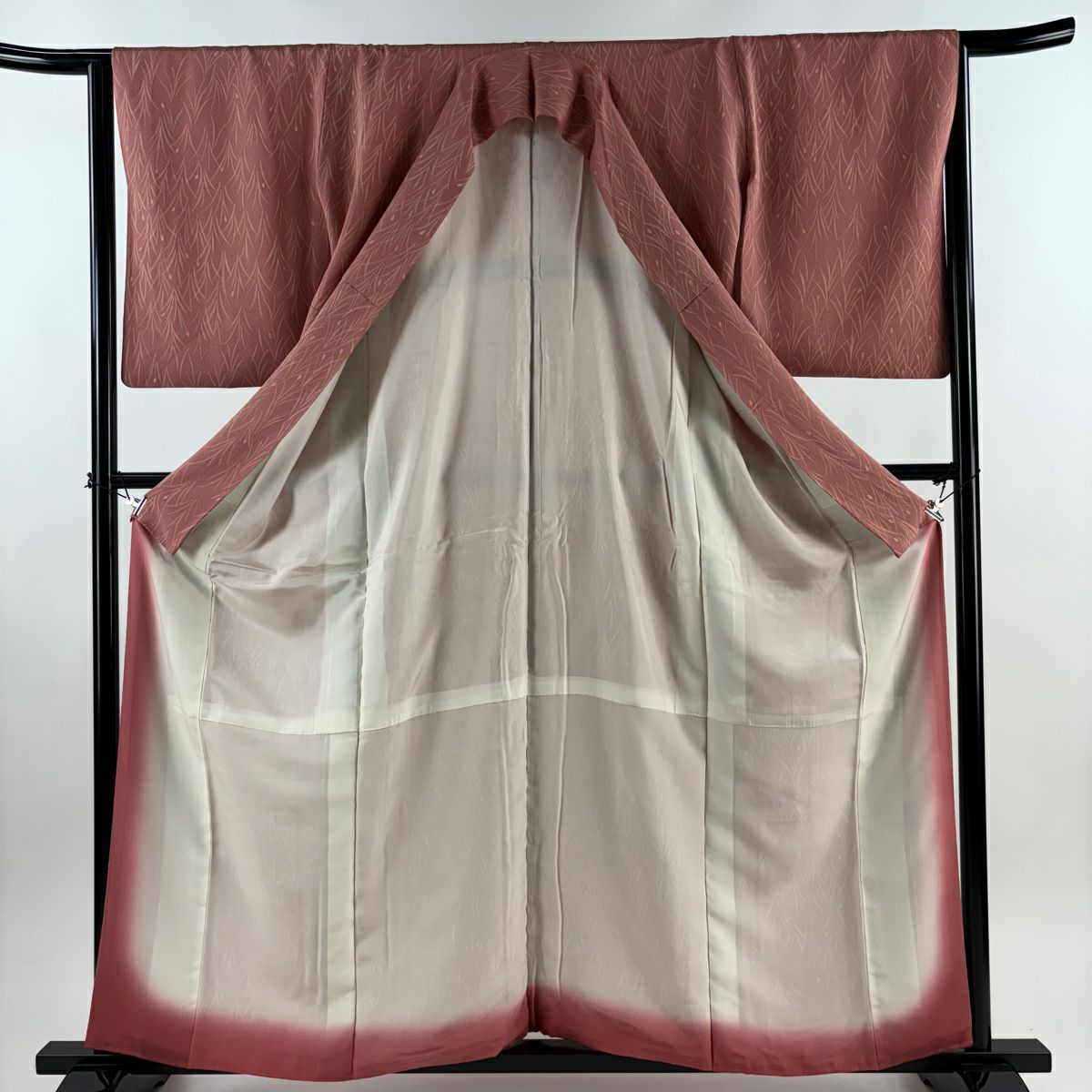 【美品】 小紋 身長160cm 袖長64cm M 雙層 蕾 鮭粉色 純蠶絲 優品級