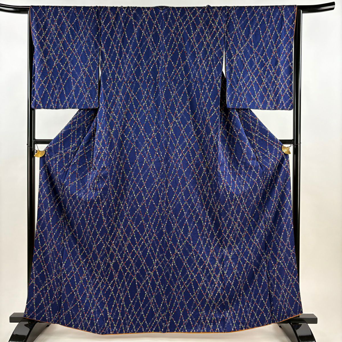 【美品】 小紋 身長163.5cm 袖長66cm M 雙層 巴齊領 草花紋紋 幾何學 青紫 純蠶絲 優品級