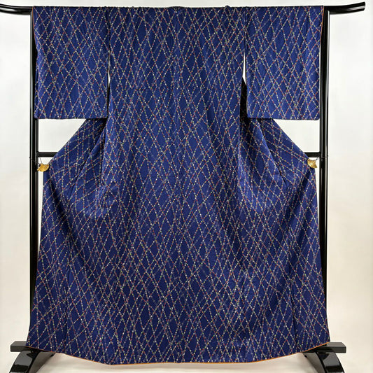 【美品】 小紋 身長163.5cm 袖長66cm M 雙層 巴齊領 草花紋紋 幾何學 青紫 純蠶絲 優品級