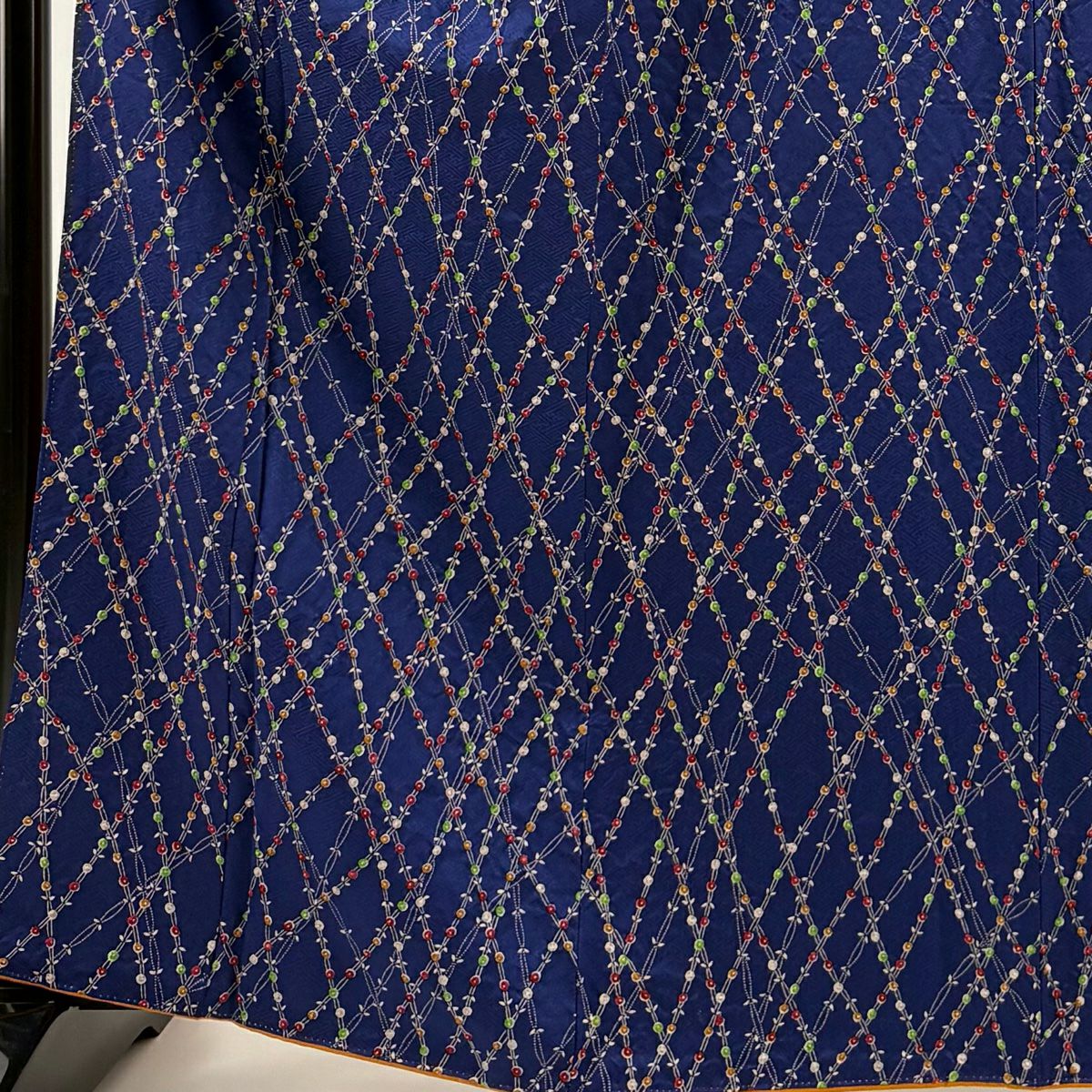 【美品】 小紋 身長163.5cm 袖長66cm M 雙層 巴齊領 草花紋紋 幾何學 青紫 純蠶絲 優品級