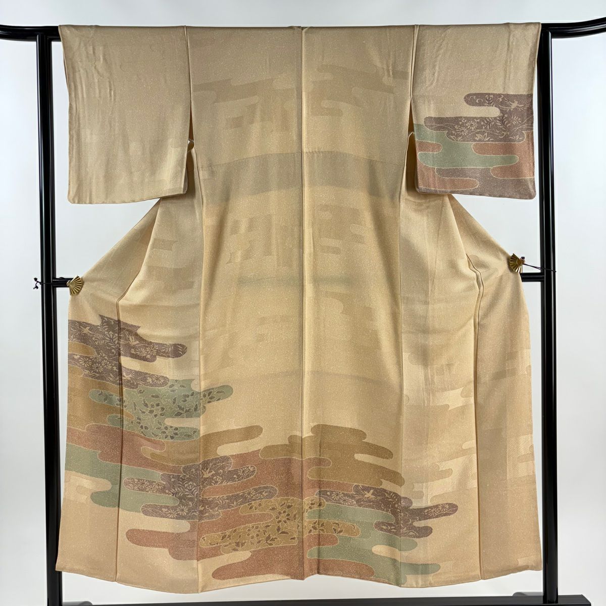 【美品】 付下 身長151cm 袖長62cm S 雙層 花鳥 ヱ霞 染分 淺米色 純蠶絲 優品級