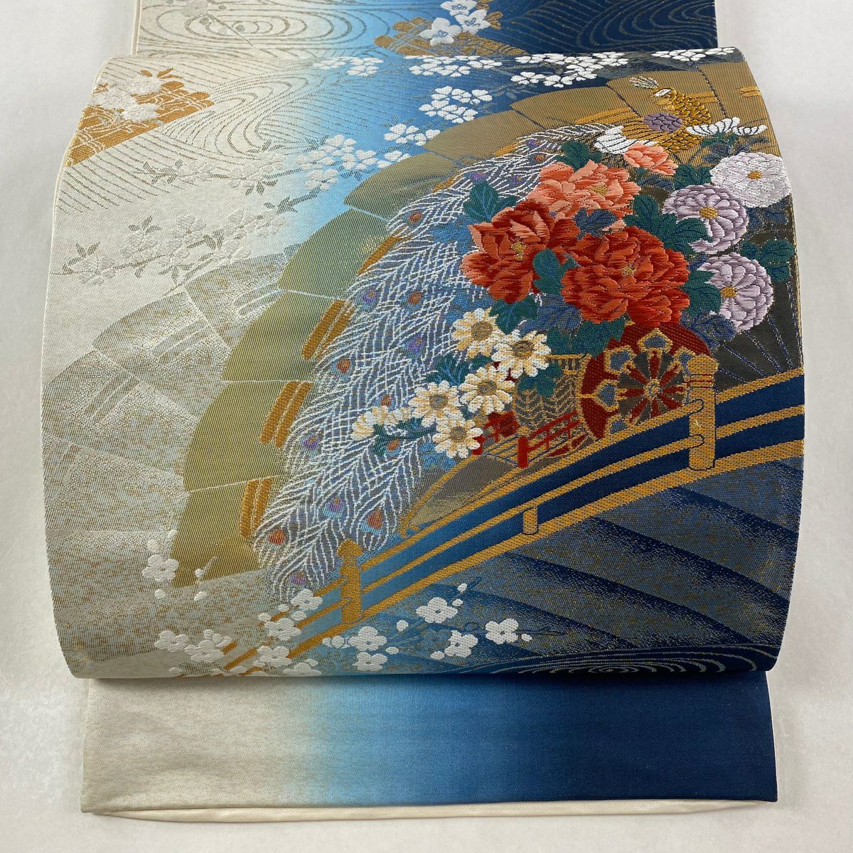 【美品】 袋帶 秀品級 證明書附帶 流水花鳥紋 檜扇子 金金箔 金絲 深藍色 六通 純蠶絲