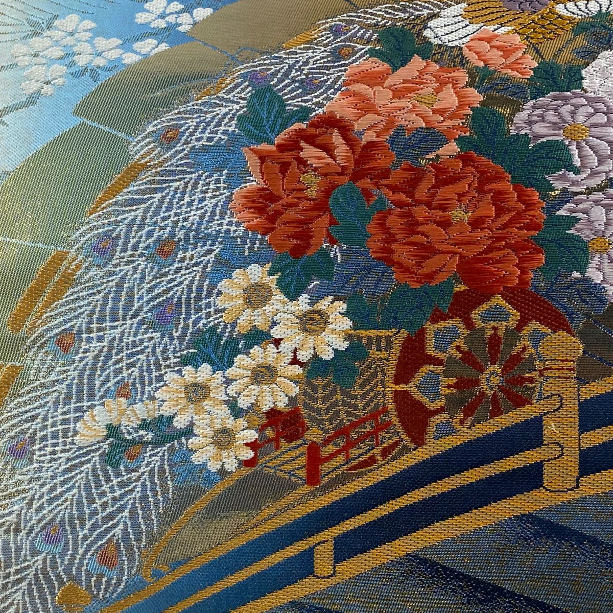 【美品】 袋帶 秀品級 證明書附帶 流水花鳥紋 檜扇子 金金箔 金絲 深藍色 六通 純蠶絲