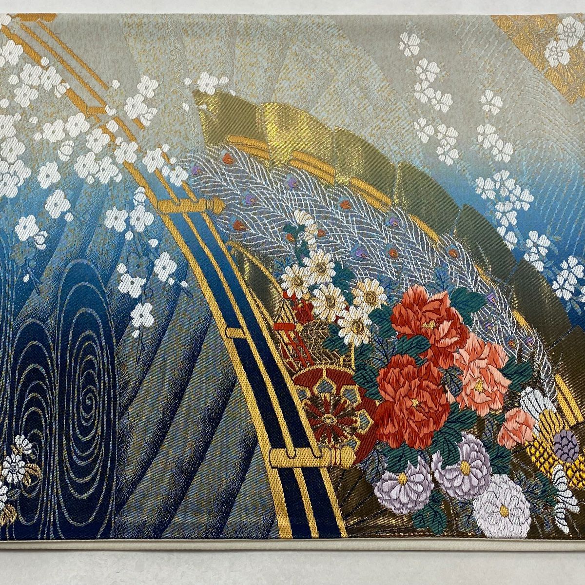 【美品】 袋帶 秀品級 證明書附帶 流水花鳥紋 檜扇子 金金箔 金絲 深藍色 六通 純蠶絲