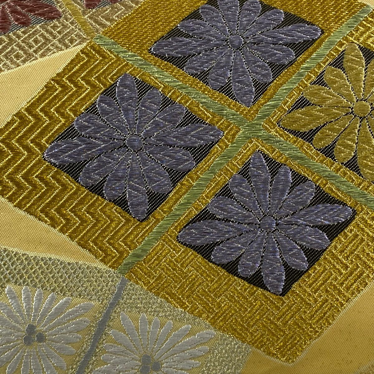 袋帶 秀品級 菱花 金金箔 金銀線 米色 六通 純蠶絲