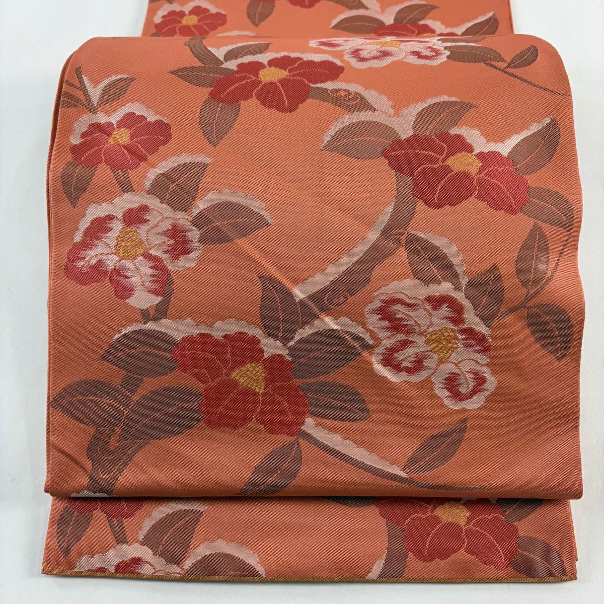袋帶 秀品級 織悦 落款あり 關西裁縫 椿 金金箔 橙色 全通 純蠶絲