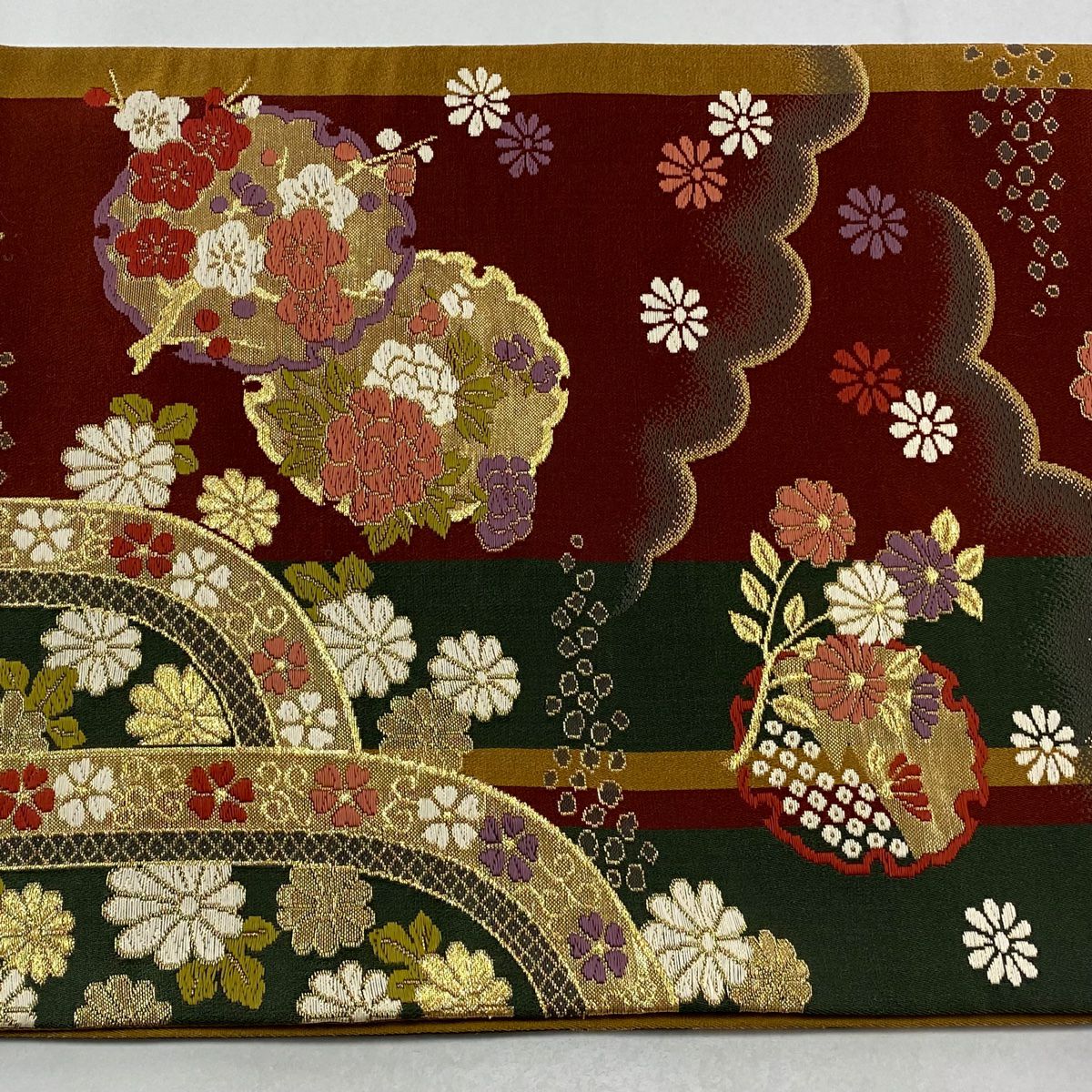 【美品】 袋帶 秀品級 雪輪 草花紋 金金箔 唐織 紅茶 六通 純蠶絲