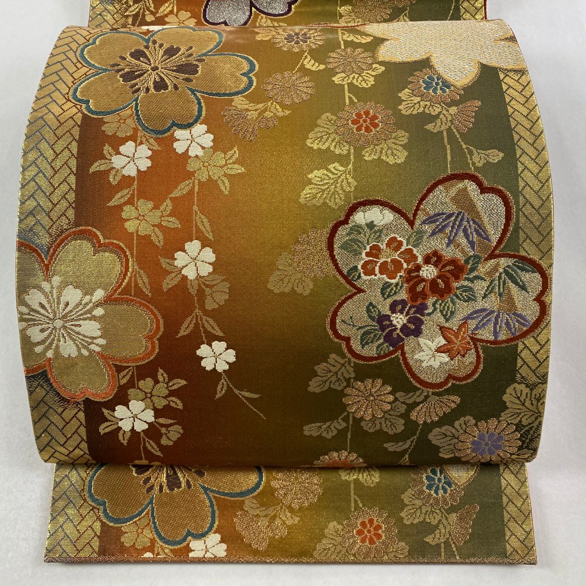 袋帶 秀品級 關西仕立 雜花 菊花花 金金箔 金銀線 金茶 六通 純蠶絲