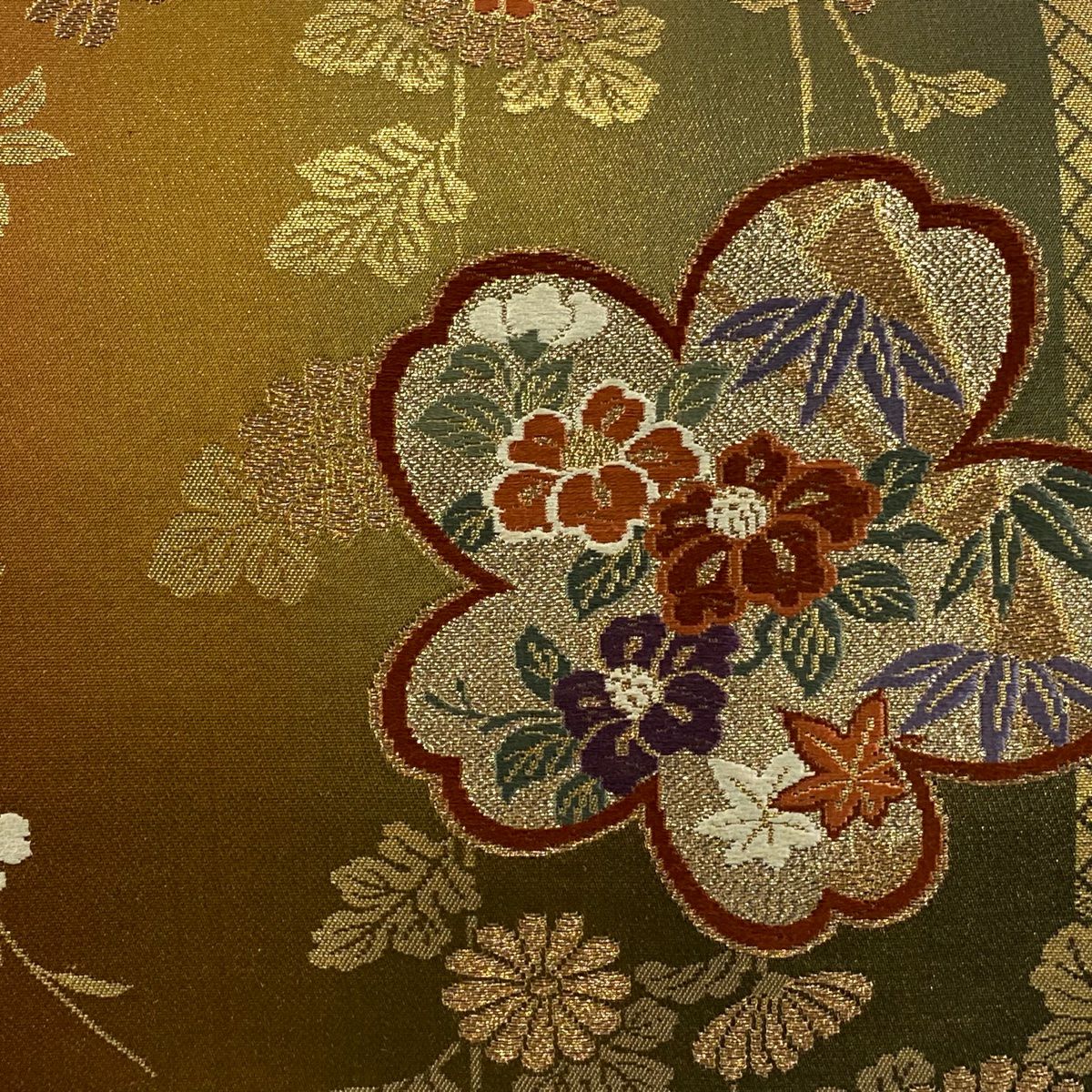 袋帶 秀品級 關西仕立 雜花 菊花花 金金箔 金銀線 金茶 六通 純蠶絲