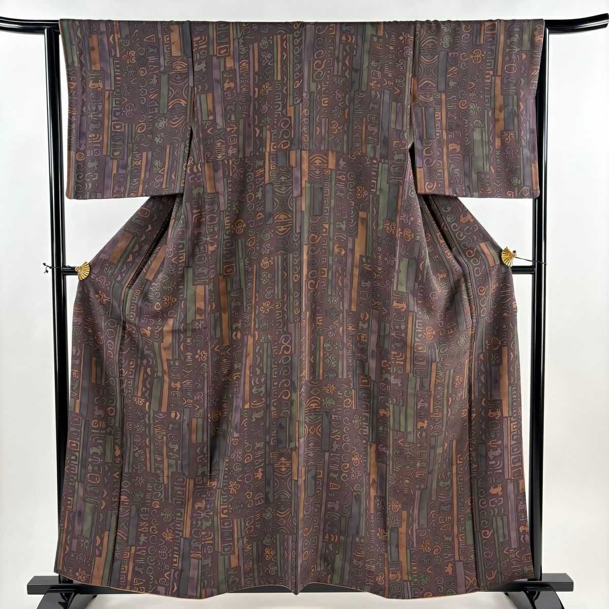 【美品】 小紋 身長159.5cm 袖長65cm M 雙層 動物 幾何圖案 紫 純蠶絲 優品級
