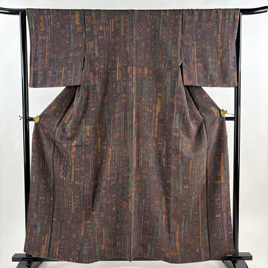 【美品】 小紋 身長159.5cm 袖長65cm M 雙層 動物 幾何圖案 紫 純蠶絲 優品級