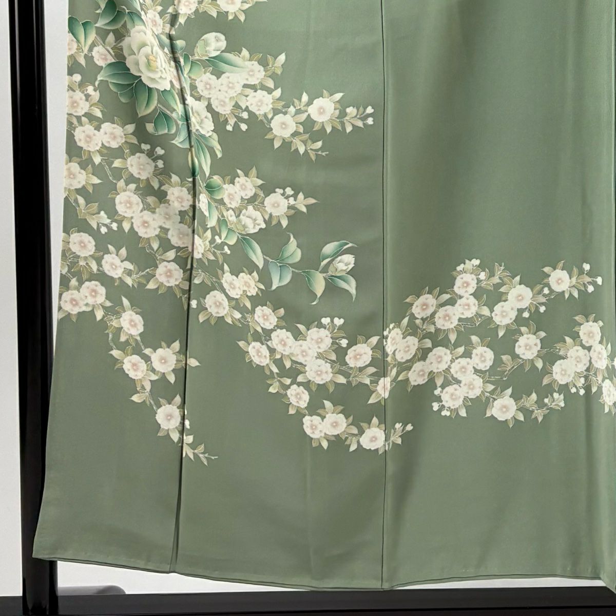 訪問服 身長154cm 袖長64cm M 雙層 椿 櫻花 灰綠 純蠶絲 秀品級