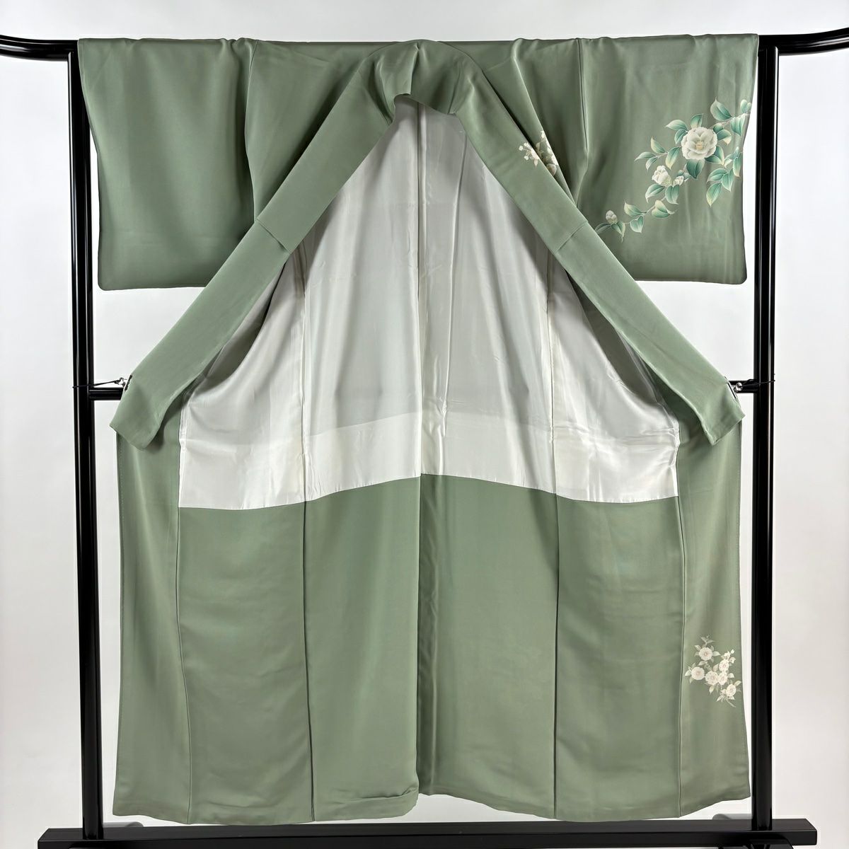 訪問服 身長154cm 袖長64cm M 雙層 椿 櫻花 灰綠 純蠶絲 秀品級