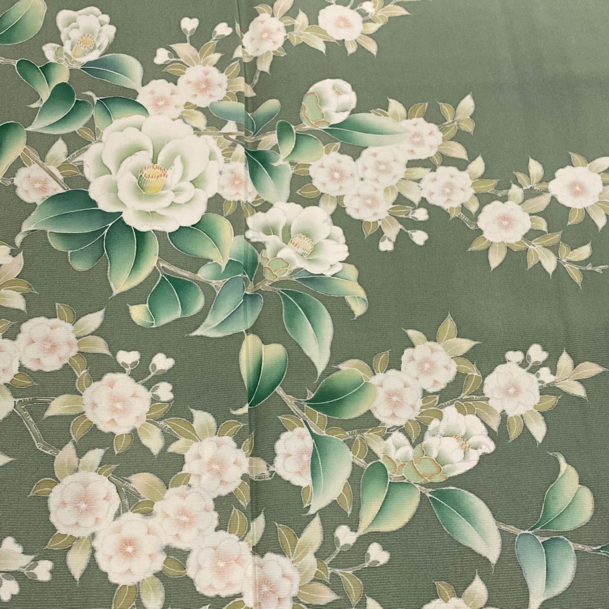 訪問服 身長154cm 袖長64cm M 雙層 椿 櫻花 灰綠 純蠶絲 秀品級