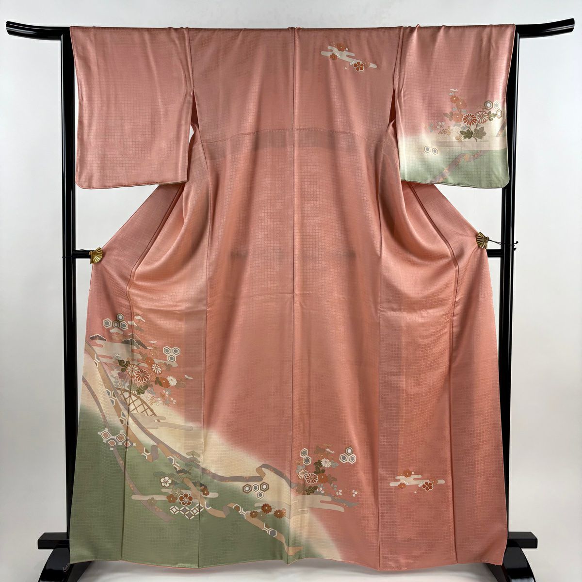 【美品】訪問服 身長166cm 袖長66cm M 雙層 菊花 霞 金彩裝飾 染分 粉紅 純蠶絲 秀品級