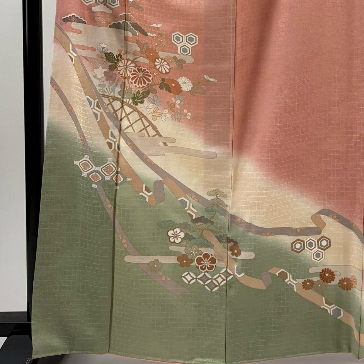 【美品】訪問服 身長166cm 袖長66cm M 雙層 菊花 霞 金彩裝飾 染分 粉紅 純蠶絲 秀品級