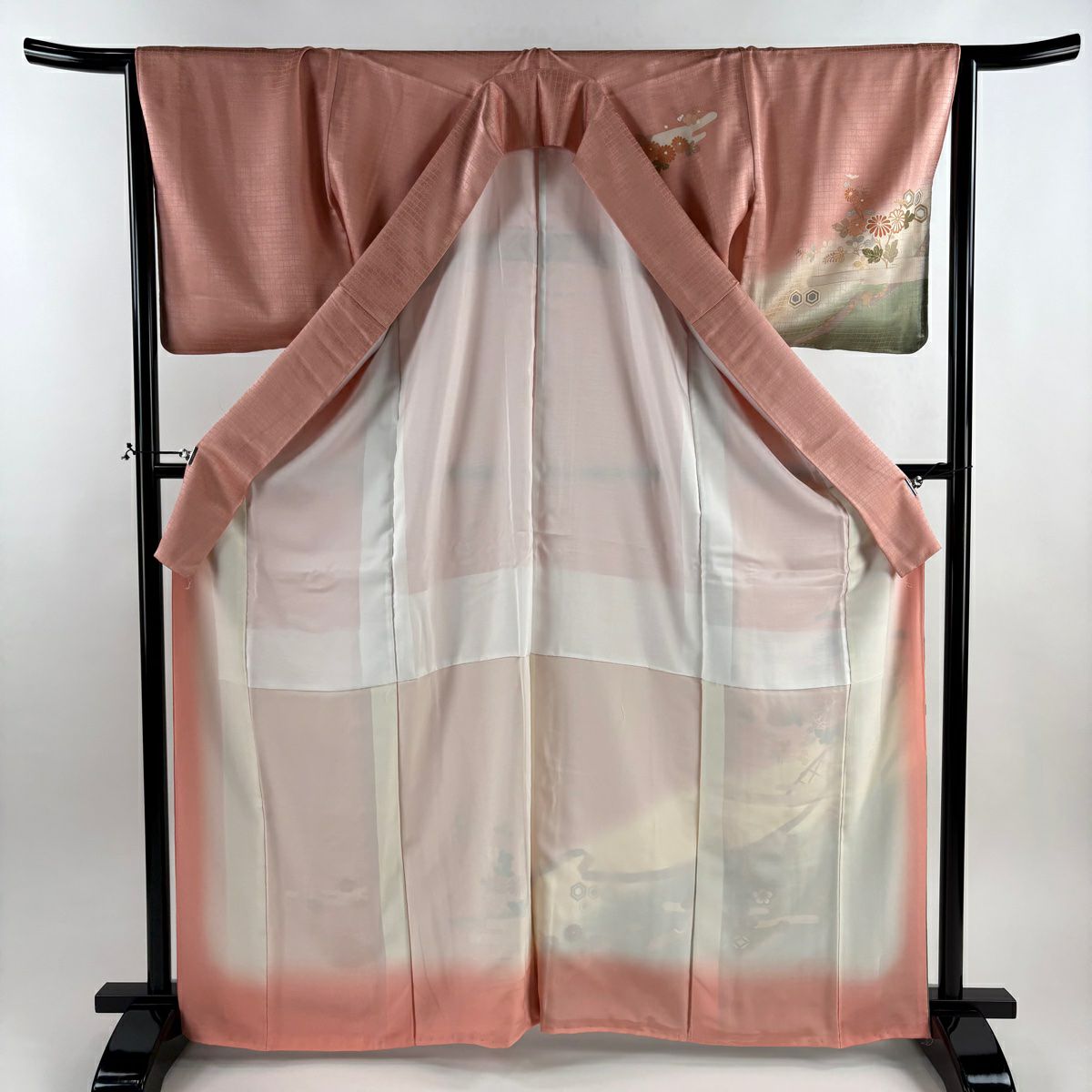 【美品】訪問服 身長166cm 袖長66cm M 雙層 菊花 霞 金彩裝飾 染分 粉紅 純蠶絲 秀品級