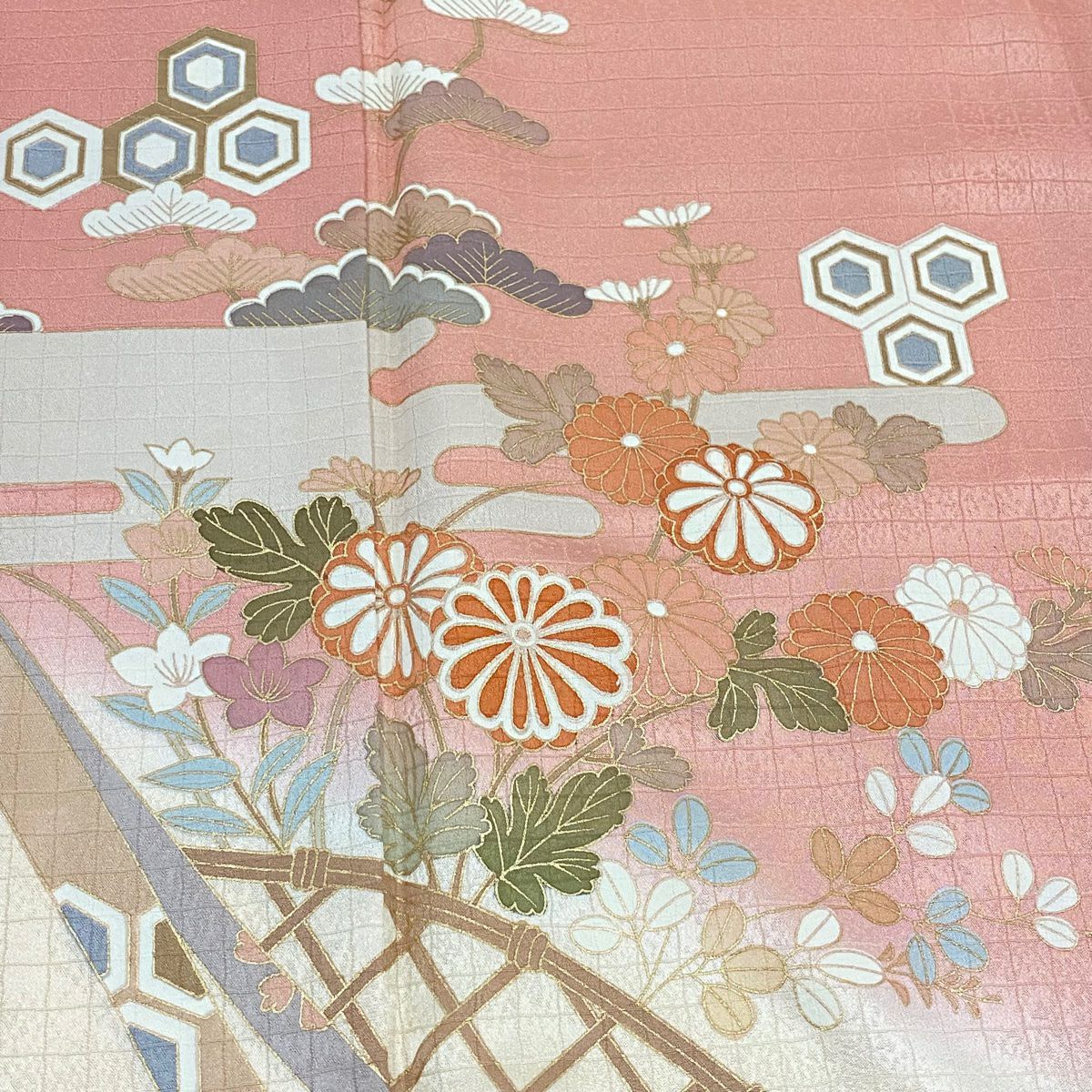 【美品】訪問服 身長166cm 袖長66cm M 雙層 菊花 霞 金彩裝飾 染分 粉紅 純蠶絲 秀品級