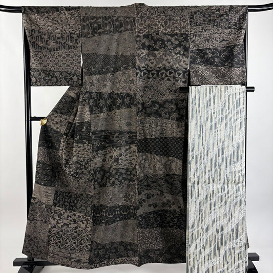 【美品】 紬織 身長160cm 袖長66cm M 雙層 袋帶套裝 松樹竹子梅花 蝶 焦茶 純蠶絲 名品級