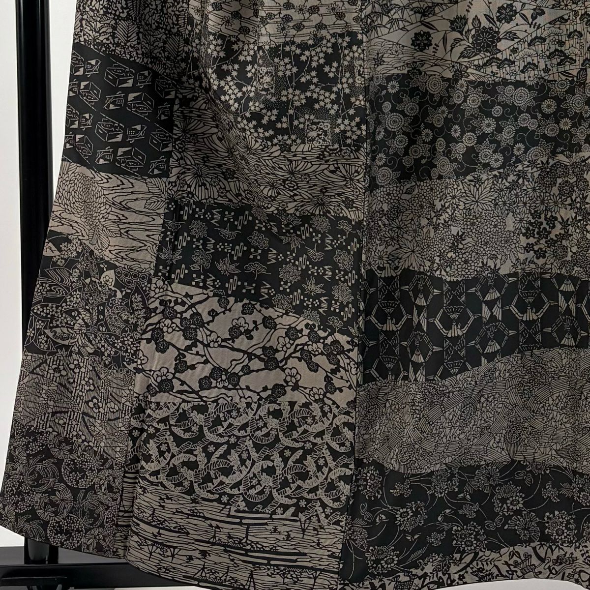 【美品】 紬織 身長160cm 袖長66cm M 雙層 袋帶套裝 松樹竹子梅花 蝶 焦茶 純蠶絲 名品級