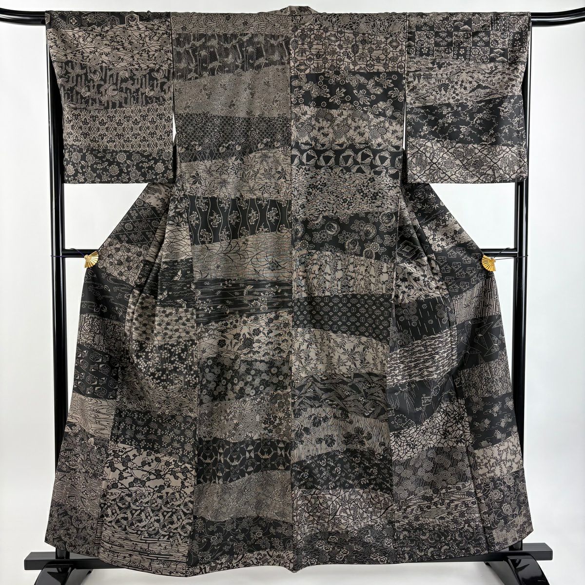 【美品】 紬織 身長160cm 袖長66cm M 雙層 袋帶套裝 松樹竹子梅花 蝶 焦茶 純蠶絲 名品級