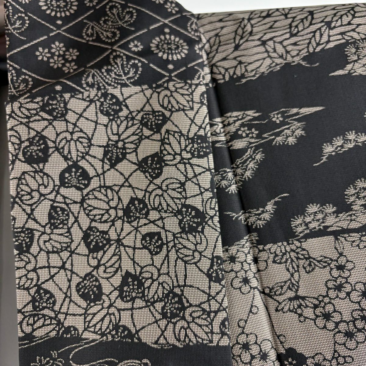 【美品】 紬織 身長160cm 袖長66cm M 雙層 袋帶套裝 松樹竹子梅花 蝶 焦茶 純蠶絲 名品級