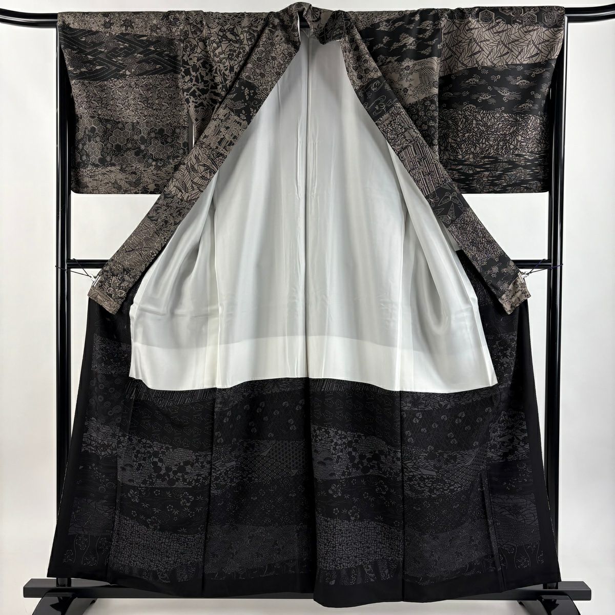 【美品】 紬織 身長160cm 袖長66cm M 雙層 袋帶套裝 松樹竹子梅花 蝶 焦茶 純蠶絲 名品級