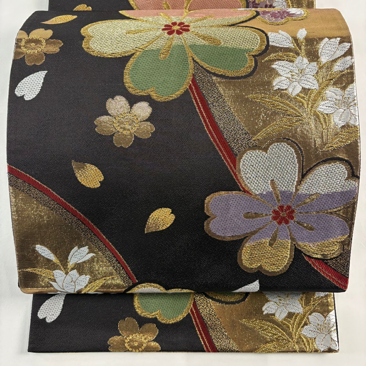 【美品】 袋帶 秀品級 樱花 草花紋 墨色 六通 純蠶絲