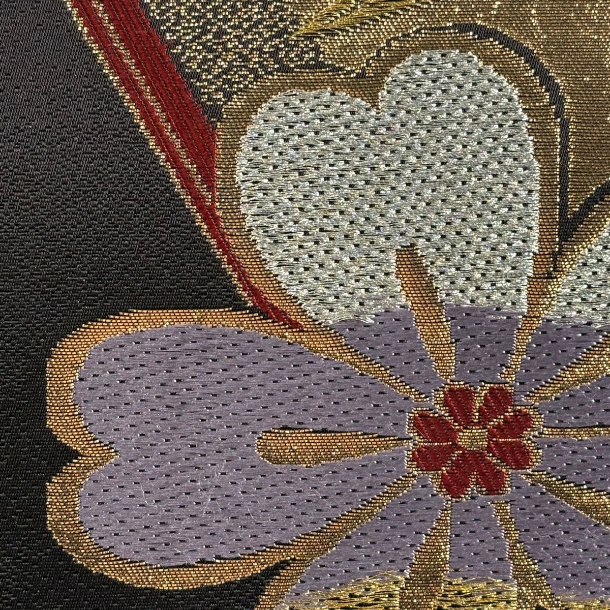 【美品】 袋帶 秀品級 樱花 草花紋 墨色 六通 純蠶絲