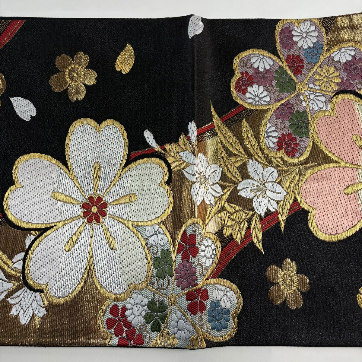 【美品】 袋帶 秀品級 樱花 草花紋 墨色 六通 純蠶絲
