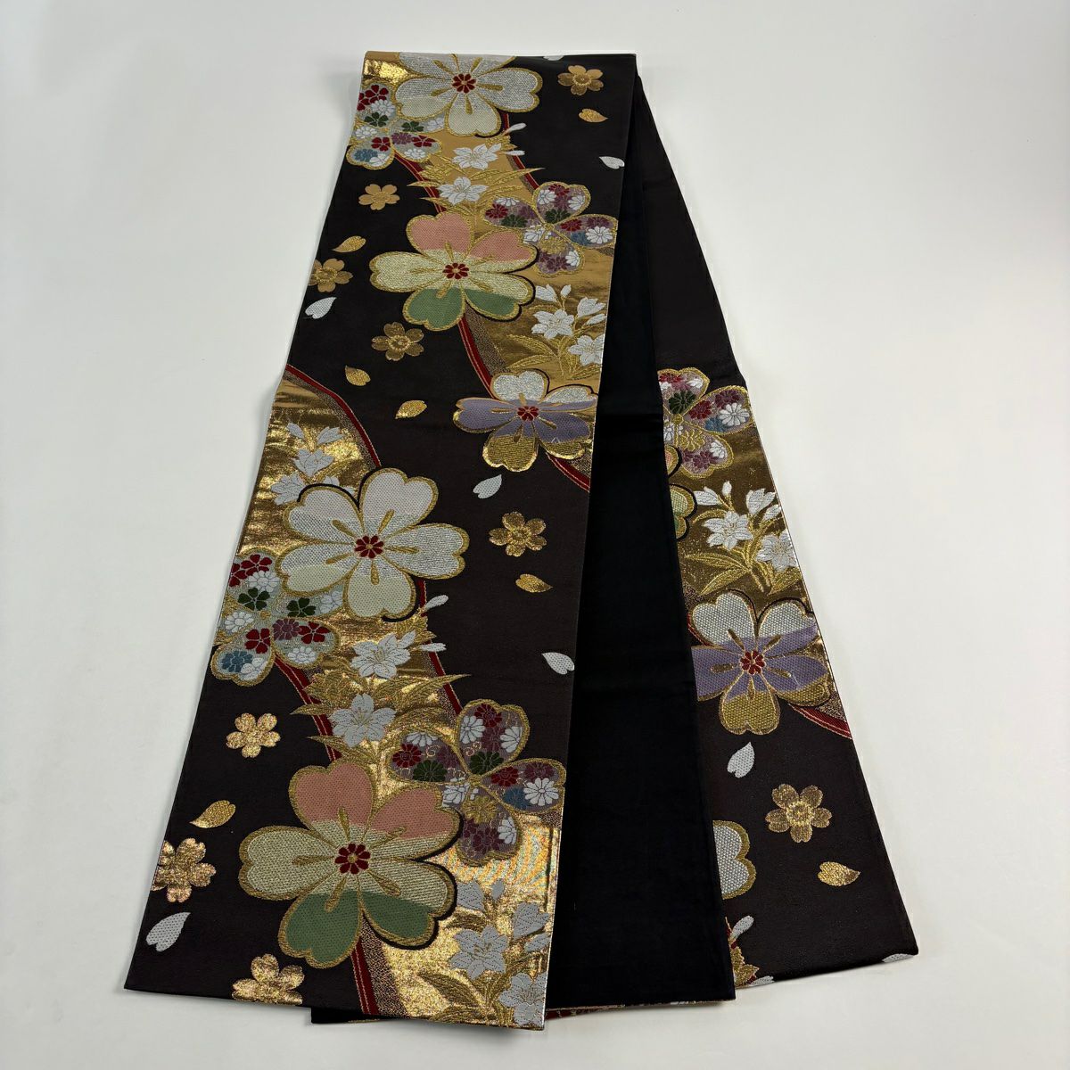 【美品】 袋帶 秀品級 樱花 草花紋 墨色 六通 純蠶絲