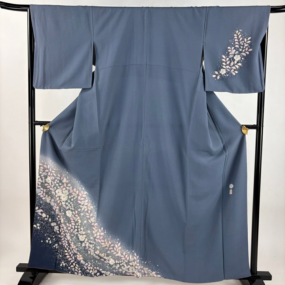付下 身長160.5cm 袖長67cm M 雙層 翠山工房 落款あり 辻花染 染分 ぼかし 青灰 純蠶絲 名品級