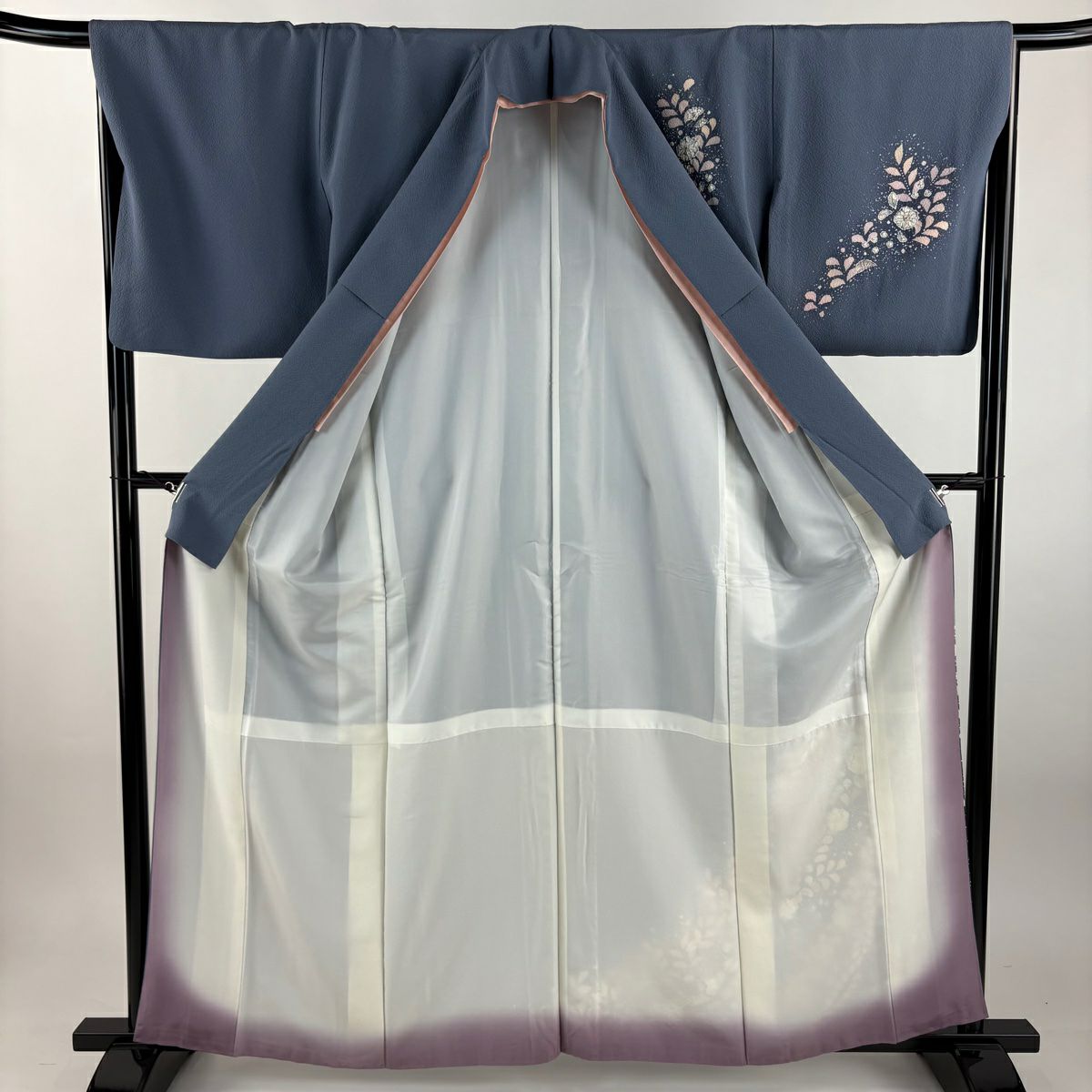 付下 身長160.5cm 袖長67cm M 雙層 翠山工房 落款あり 辻花染 染分 ぼかし 青灰 純蠶絲 名品級