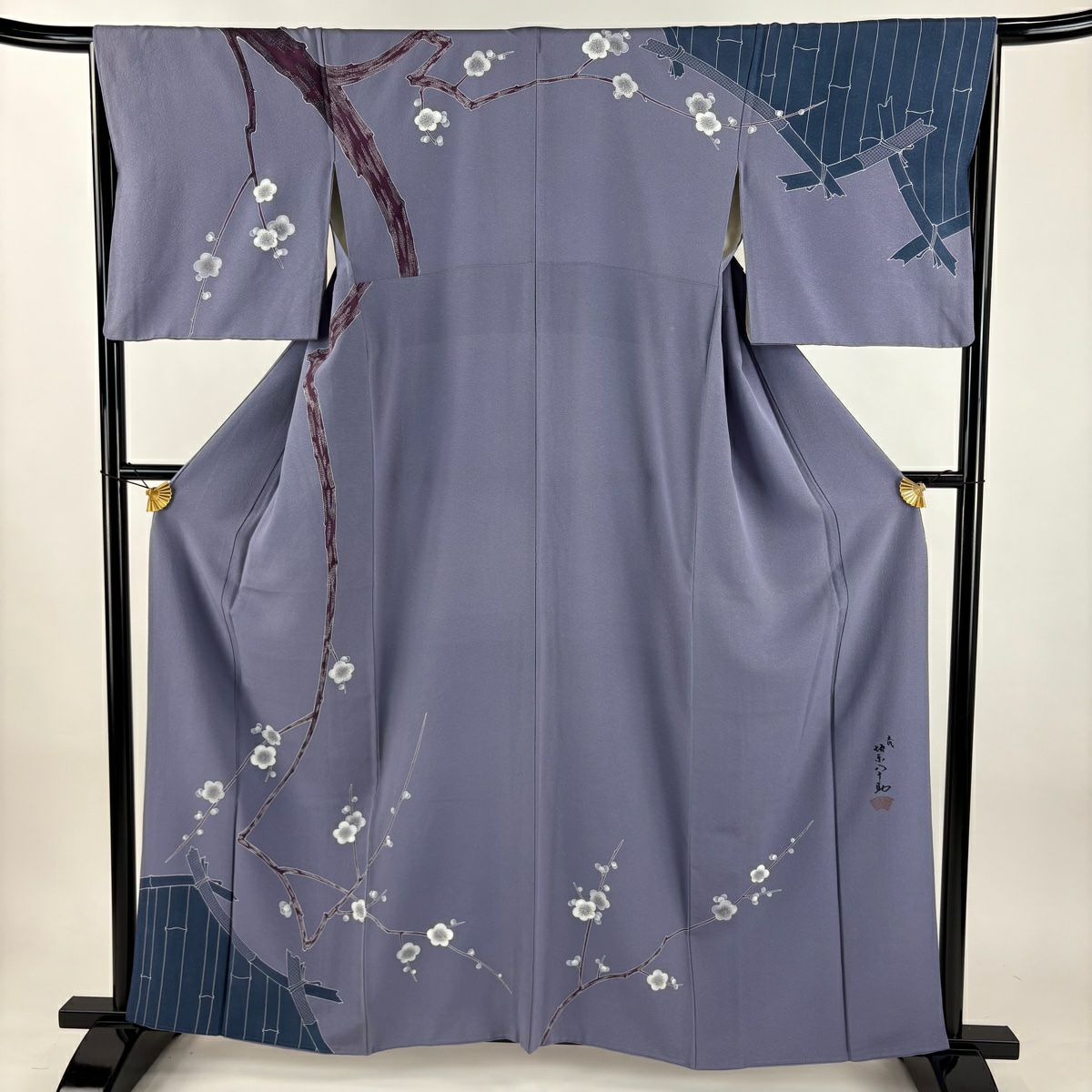 訪問服 身長160cm 袖長64.5cm M 雙層 坂東八十助 落款あり 枝梅花 竹子 金銀彩 薄紫 純蠶絲 名品級