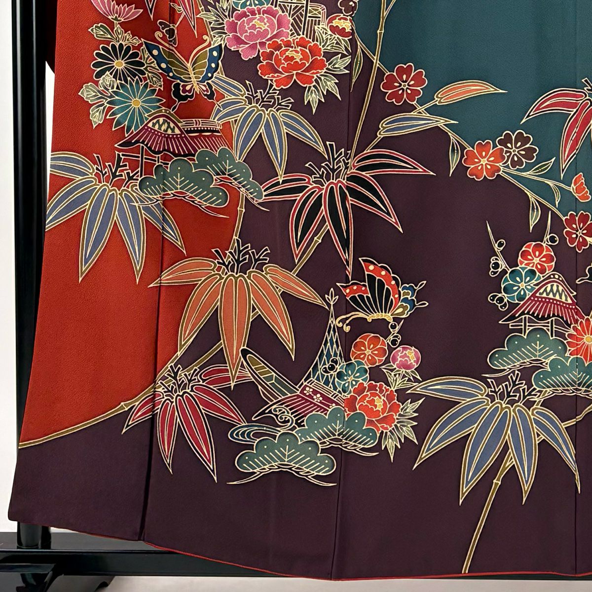 振袖禮服 身長158cm 袖長64.5cm M 雙層 蝶 松樹竹子梅花 染分 深綠 純蠶絲 名品級