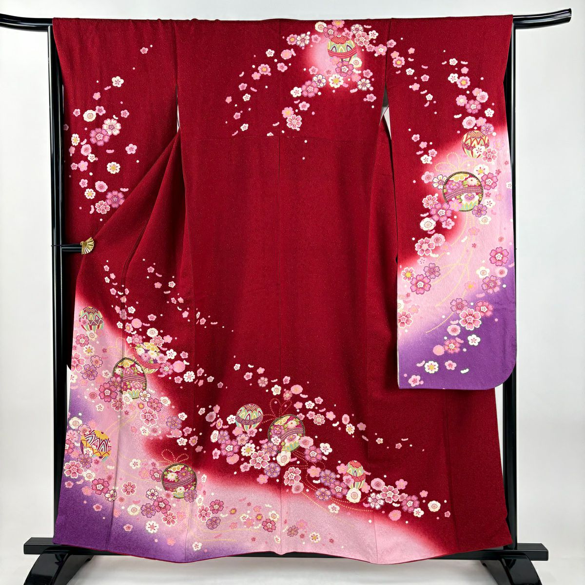 【美品】振袖禮服 身長157.5cm 袖長65cm M 雙層 手鞠 櫻花 金金箔 金通し 紅 純蠶絲 名品級
