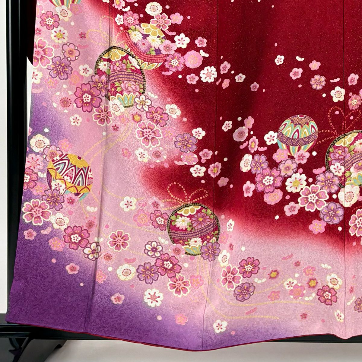 【美品】振袖禮服 身長157.5cm 袖長65cm M 雙層 手鞠 櫻花 金金箔 金通し 紅 純蠶絲 名品級