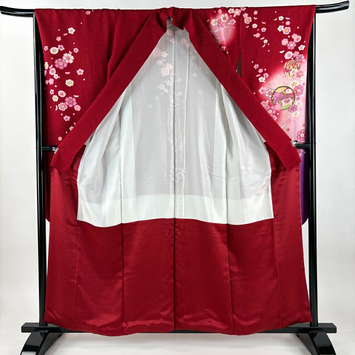 【美品】振袖禮服 身長157.5cm 袖長65cm M 雙層 手鞠 櫻花 金金箔 金通し 紅 純蠶絲 名品級