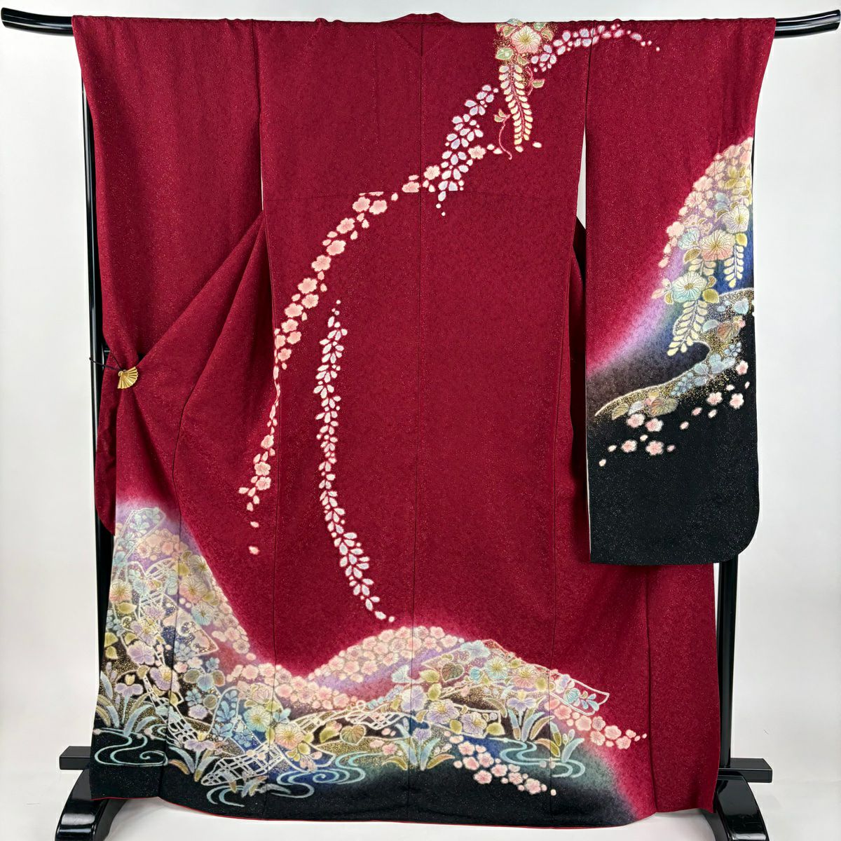 振袖禮服 身長169cm 袖長69cm L 雙層 辻花染 流水 金通し 漸層 錦紅 純蠶絲 名品級