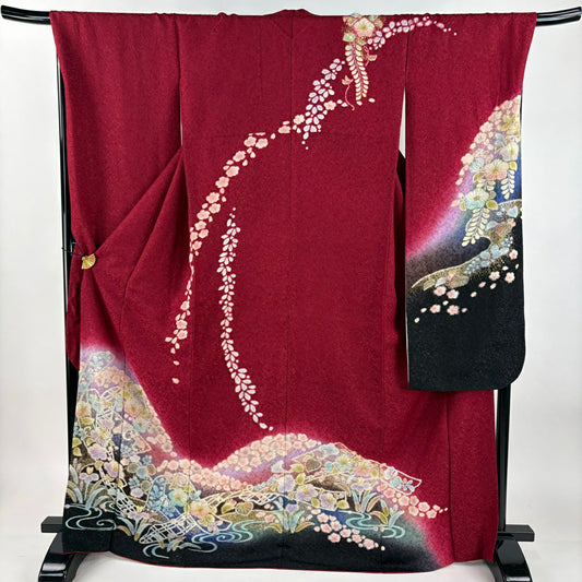 振袖禮服 身長169cm 袖長69cm L 雙層 辻花染 流水 金通し 漸層 錦紅 純蠶絲 名品級