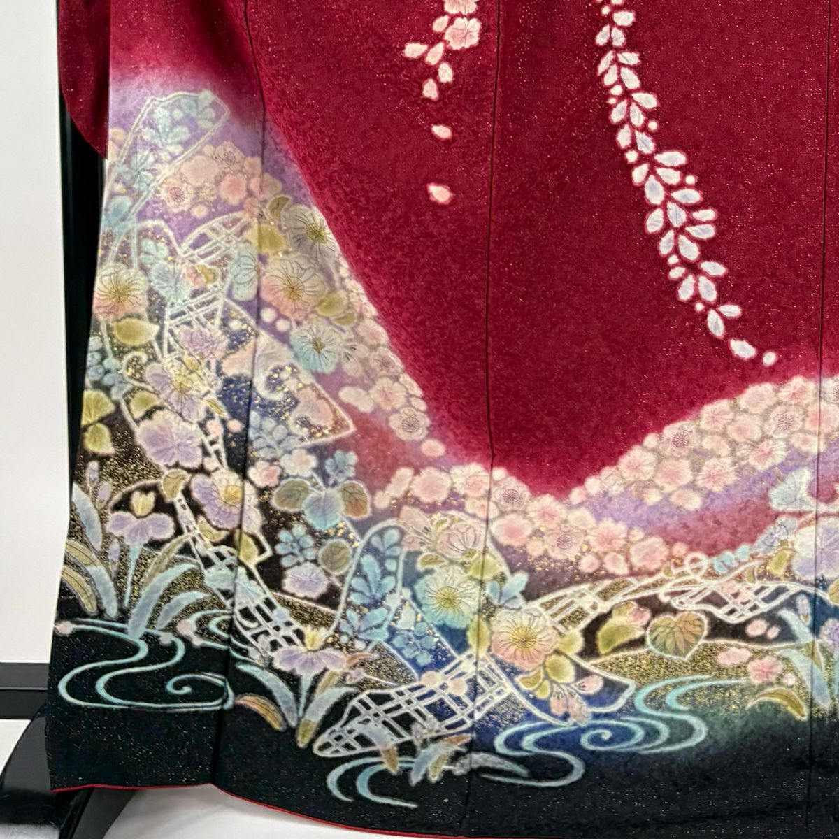 振袖禮服 身長169cm 袖長69cm L 雙層 辻花染 流水 金通し 漸層 錦紅 純蠶絲 名品級