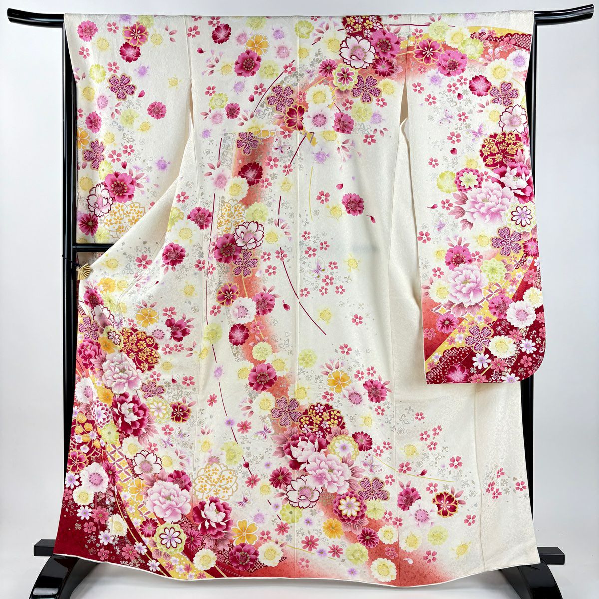 振袖禮服 身長165.5cm 袖長66cm M 雙層 牡丹 櫻花 金銀彩 刺繡 奶油色 純蠶絲 逸品級