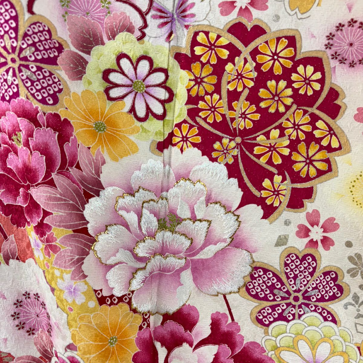 振袖禮服 身長165.5cm 袖長66cm M 雙層 牡丹 櫻花 金銀彩 刺繡 奶油色 純蠶絲 逸品級