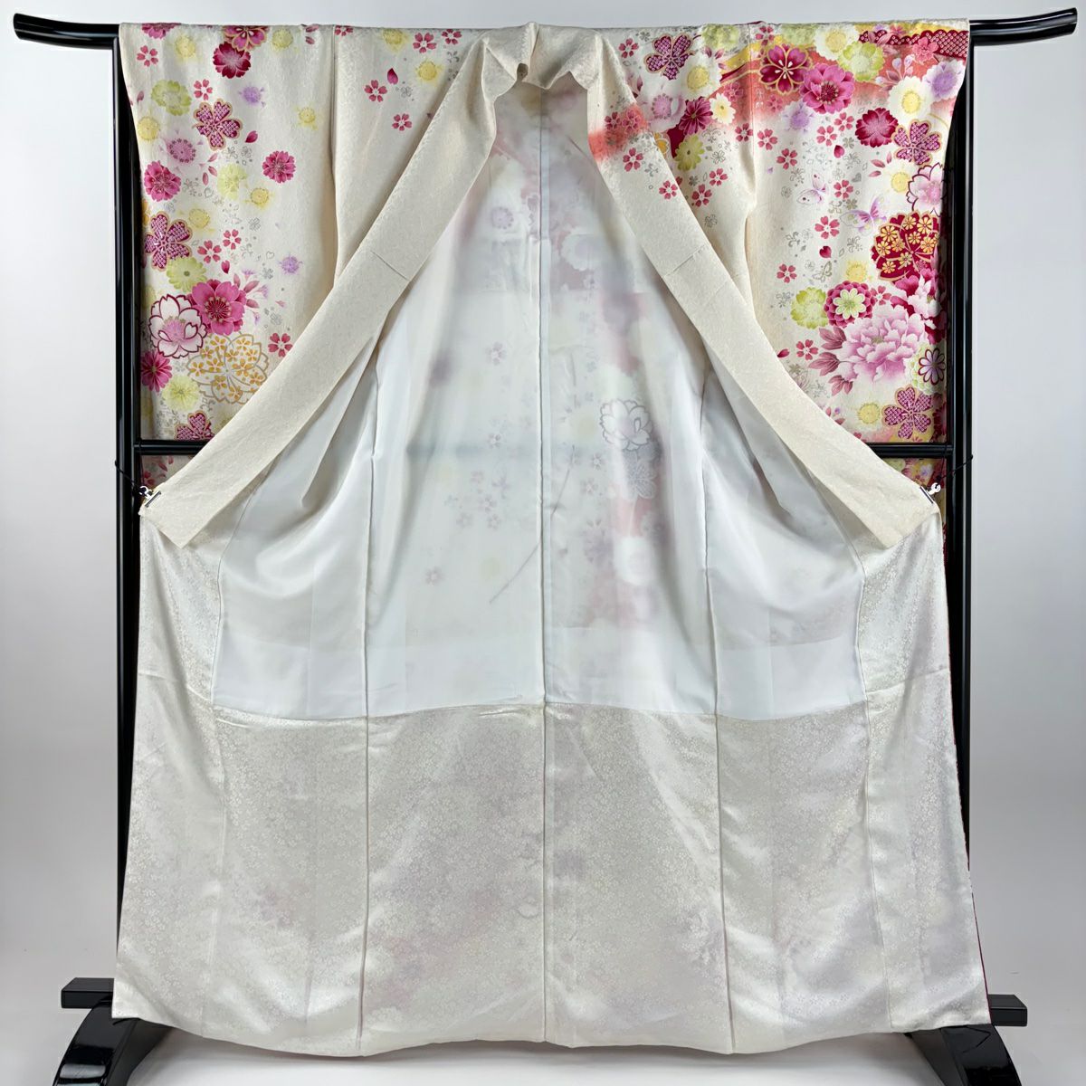 振袖禮服 身長165.5cm 袖長66cm M 雙層 牡丹 櫻花 金銀彩 刺繡 奶油色 純蠶絲 逸品級