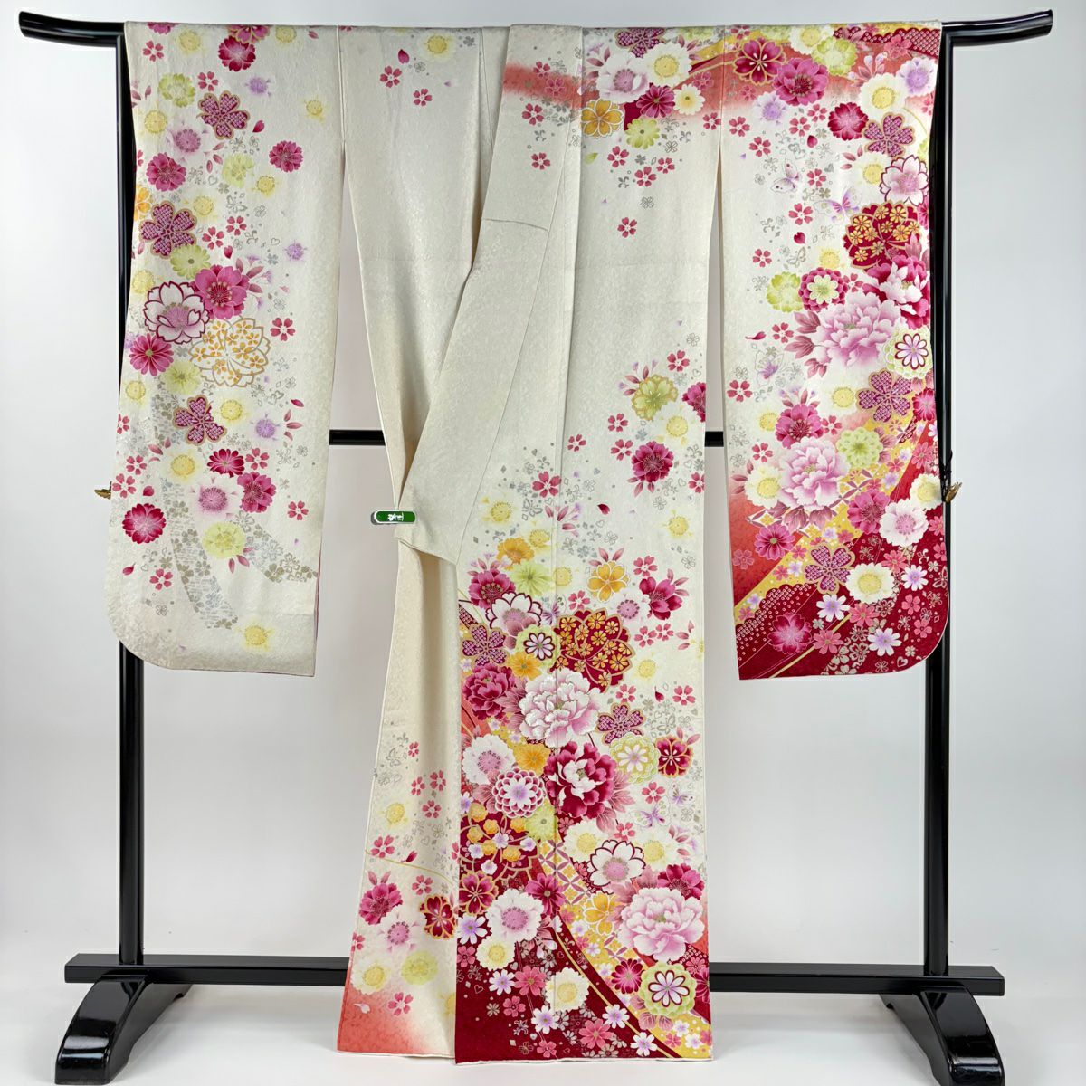 振袖禮服 身長165.5cm 袖長66cm M 雙層 牡丹 櫻花 金銀彩 刺繡 奶油色 純蠶絲 逸品級