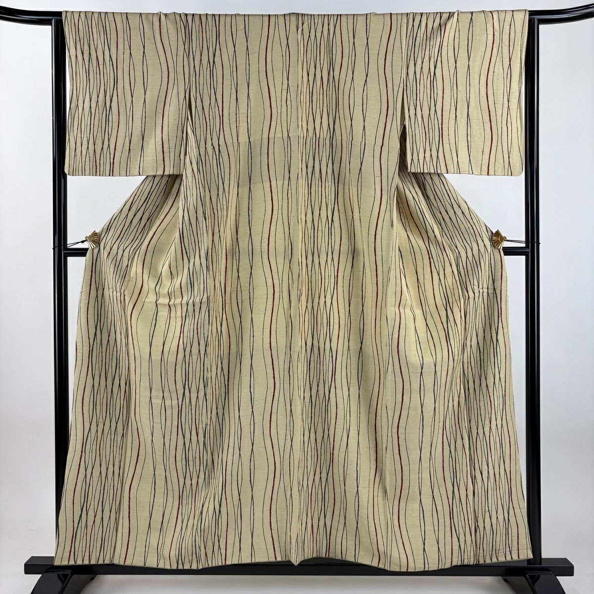 【美品】 小紋 身長156.5cm 袖長63.5cm S 雙層 吉兵衛 紬織織 落款あり よろけ縞 米色 純蠶絲 逸品級